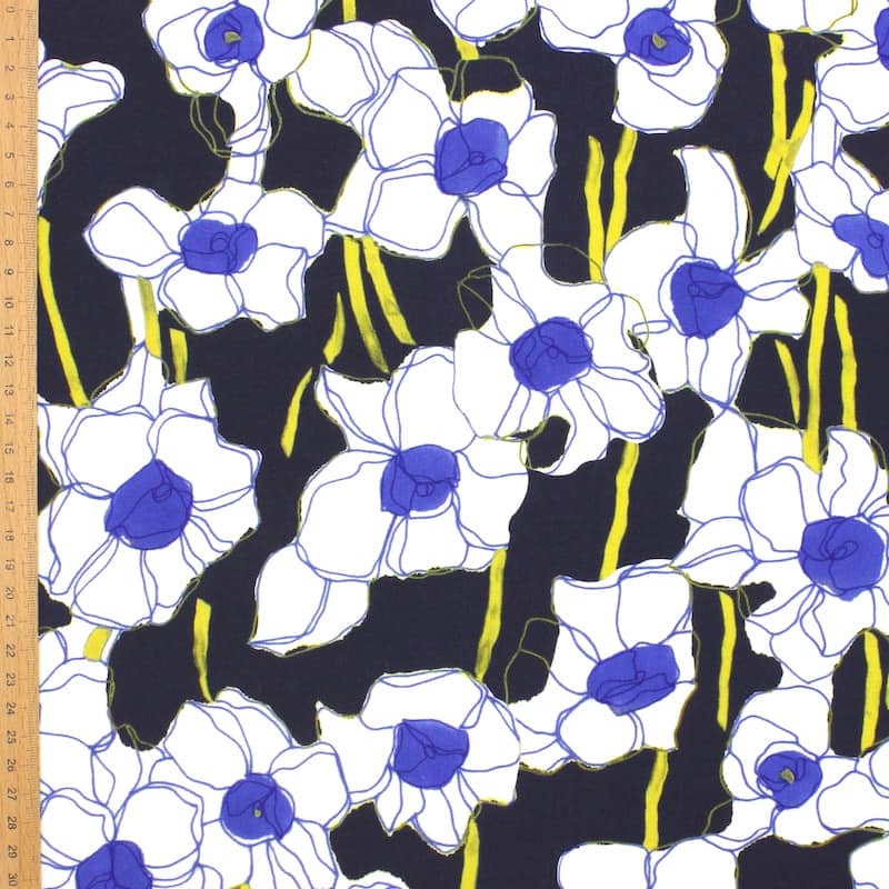 Viscose fabric with flowers - blue / cream