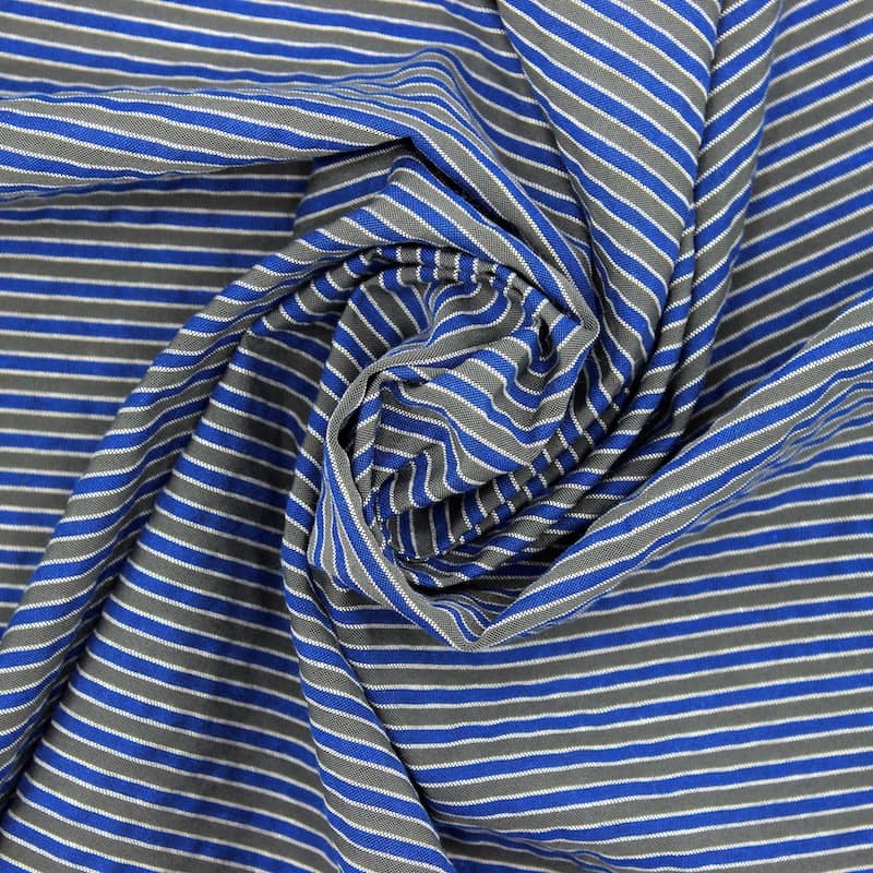 Tissu polyester et coton rayures - bleu/gris