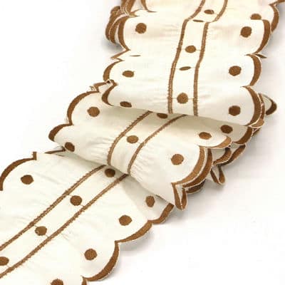 Embroidered gathered ribbon - off-white / brown