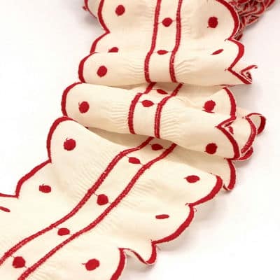 Embroidered gathered ribbon - off-white / red