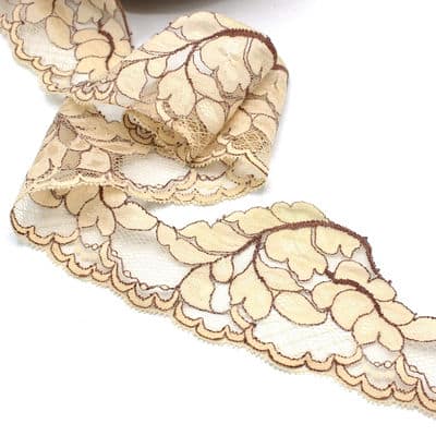 Embroidered tulle with leaves - beige and brown
