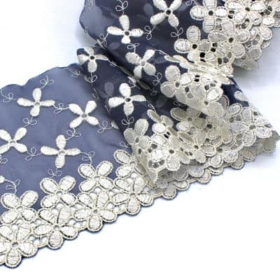 Embroidered tulle with flowers - cream and blue