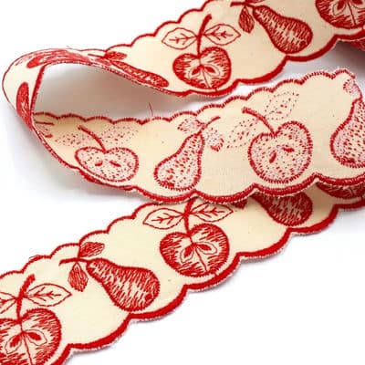 Ribbon with embroidered fruit - ecru / red