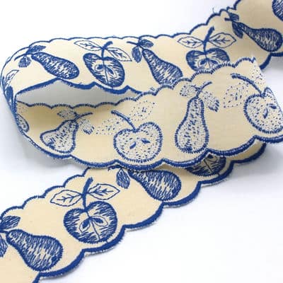 Ribbon with embroidered fruit - ecru / blue