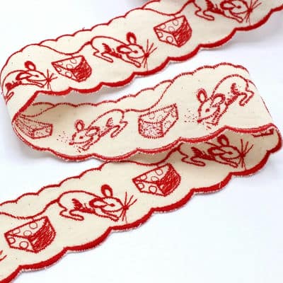 Ribbon with embroidered mice - ecru / red