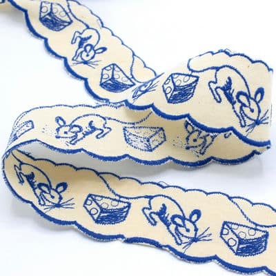Ribbon with embroidered mice - ecru / blue