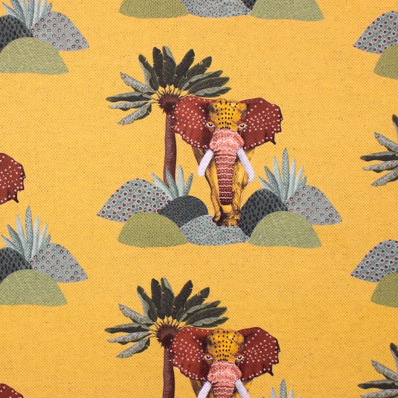 Fabric in cotton and linen with elephants - mustard yellow