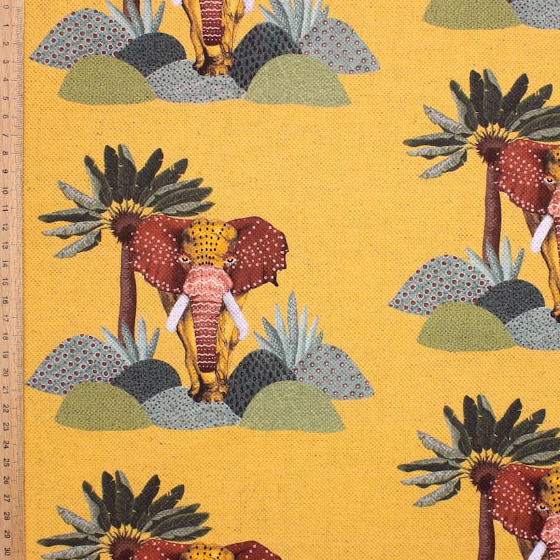 Stof in katoen en linen met olifanten - mosterdgeel 