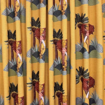 Fabric in cotton and linen with elephants - mustard yellow
