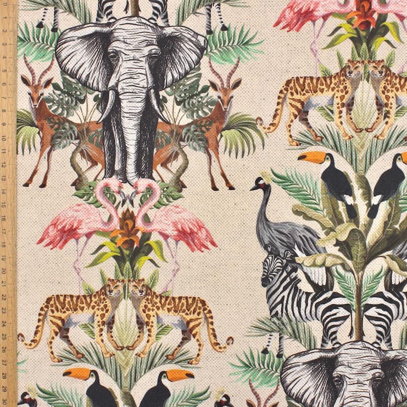Fabric in cotton and linen with animals - ecru