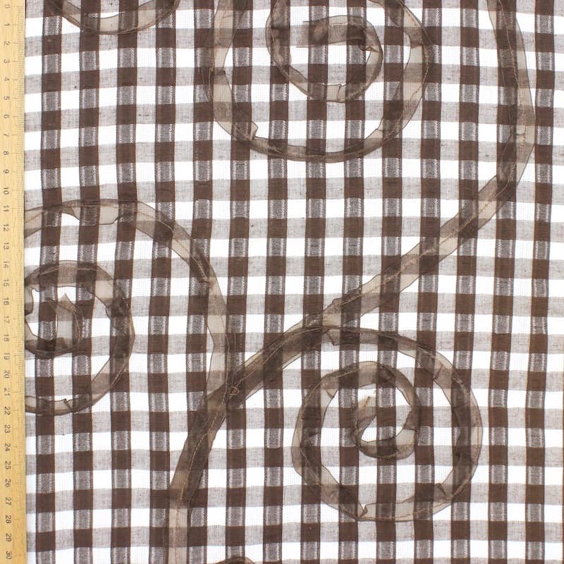 Tissu coton brodé carreaux - brun