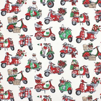 100% cotton fabric with vespas - white / red