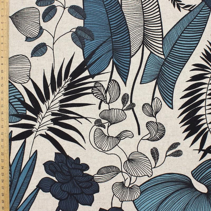 Fabric in cotton and polyester with foliage - blue