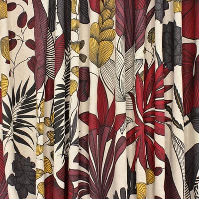 Fabric in cotton and polyester with foliage - burgondy