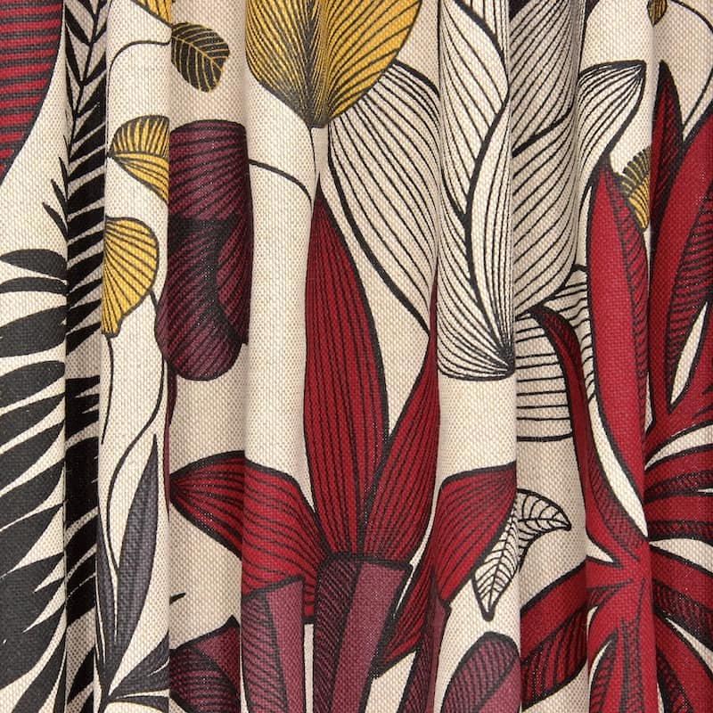 Fabric in cotton and polyester with foliage - burgondy