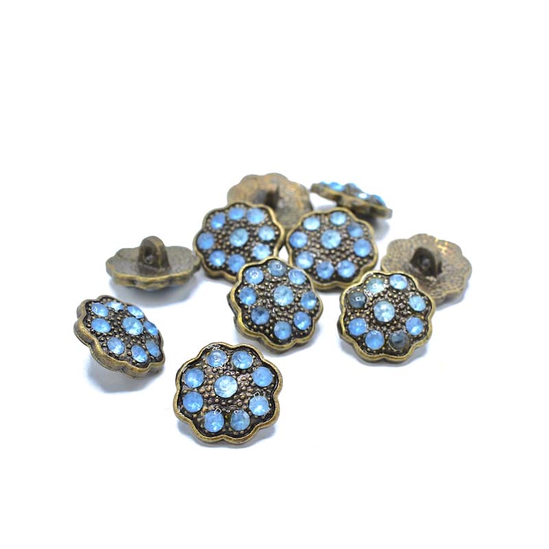 Metal flower button with blue rhinestones  