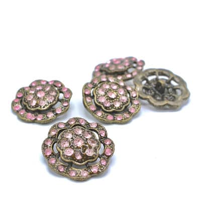 Metal flower button with pink rhinestones  
