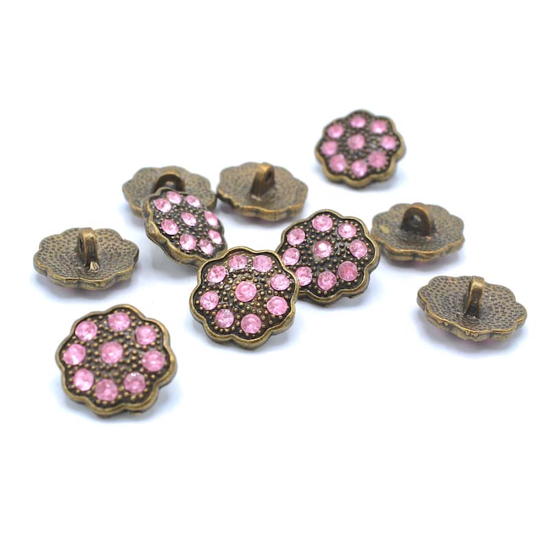 Metal flower button with pink rhinestones  