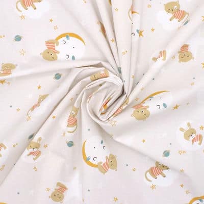 Cotton fabric with animals - light greige