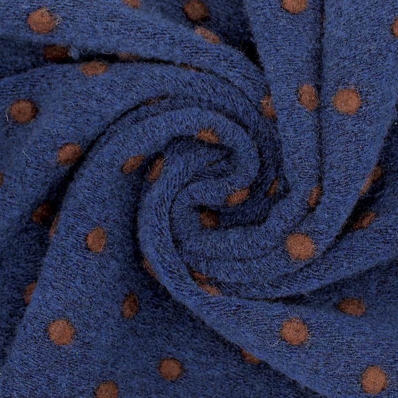 Tissu maille aspect laine pois - marine/brun