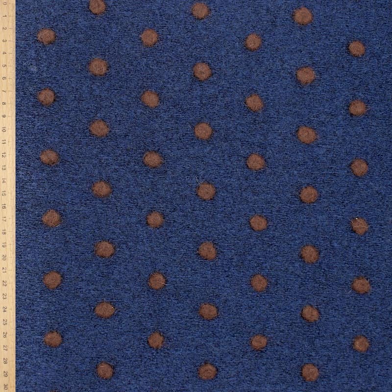 Tissu maille aspect laine pois - marine/brun