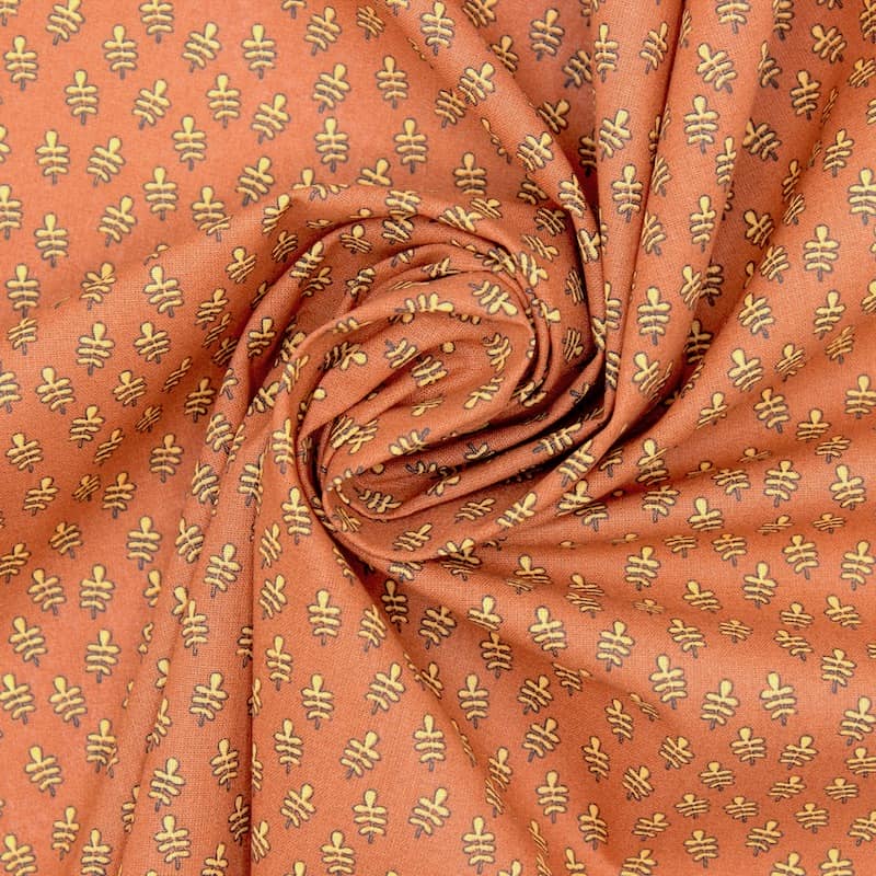 Cotton fabric with leaves - rust-colored