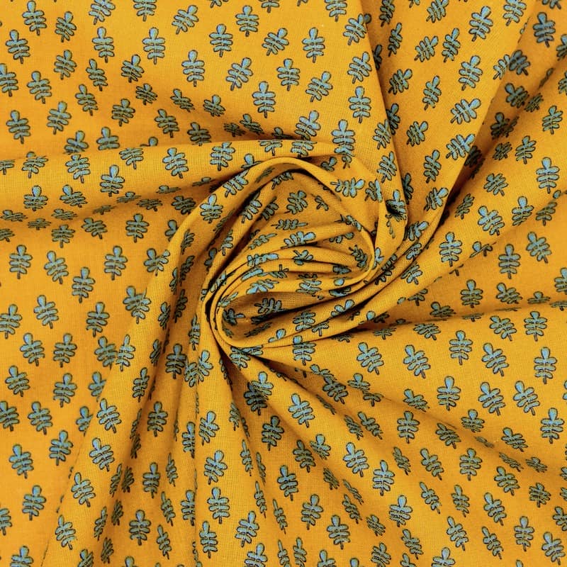 Tissu coton feuille - moutarde