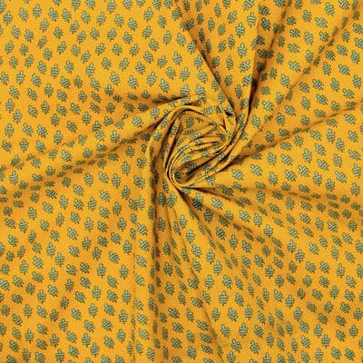 Cotton fabric with leaves - mustard yellow