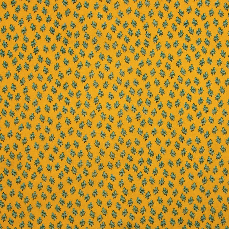 Cotton fabric with leaves - mustard yellow