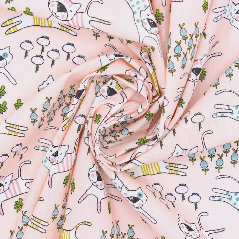 Cotton fabric with cats - pink