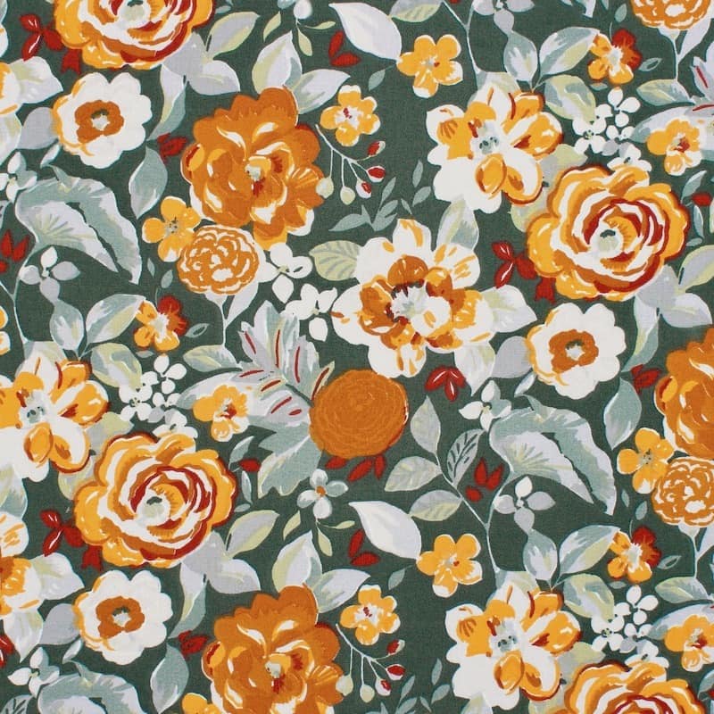 Tissu coton fleurs - vert et orange