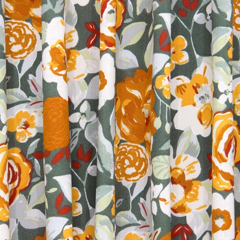 Tissu coton fleurs - vert et orange