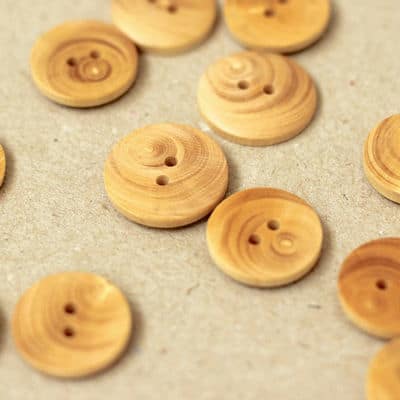Resin button with aspect of natural wood