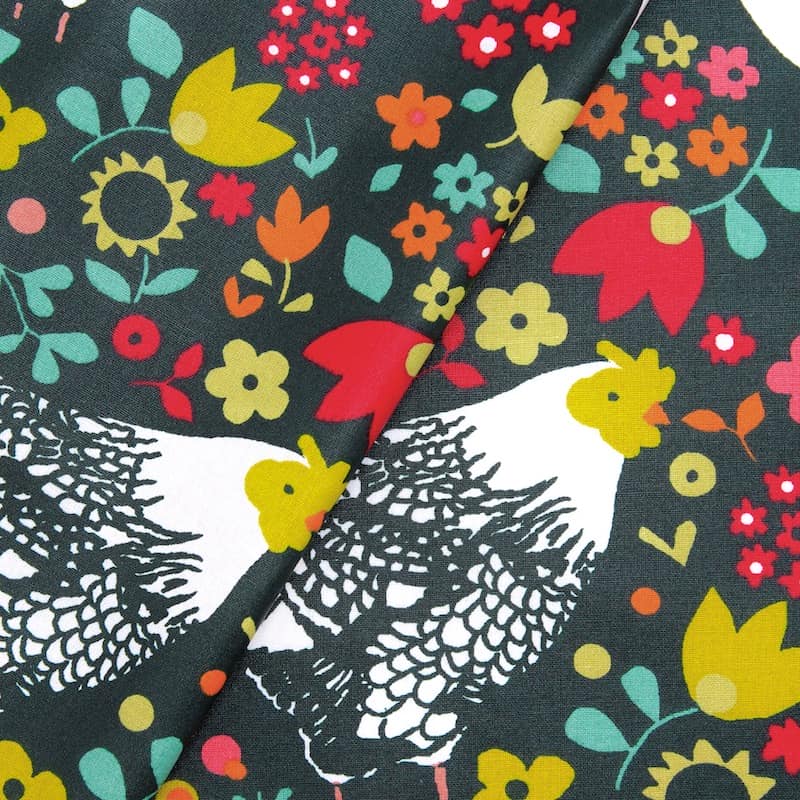 Coated cotton fabric with chickens - green