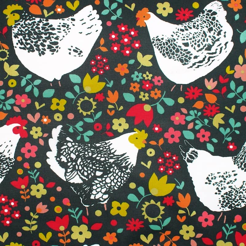 Coated cotton fabric with chickens - green