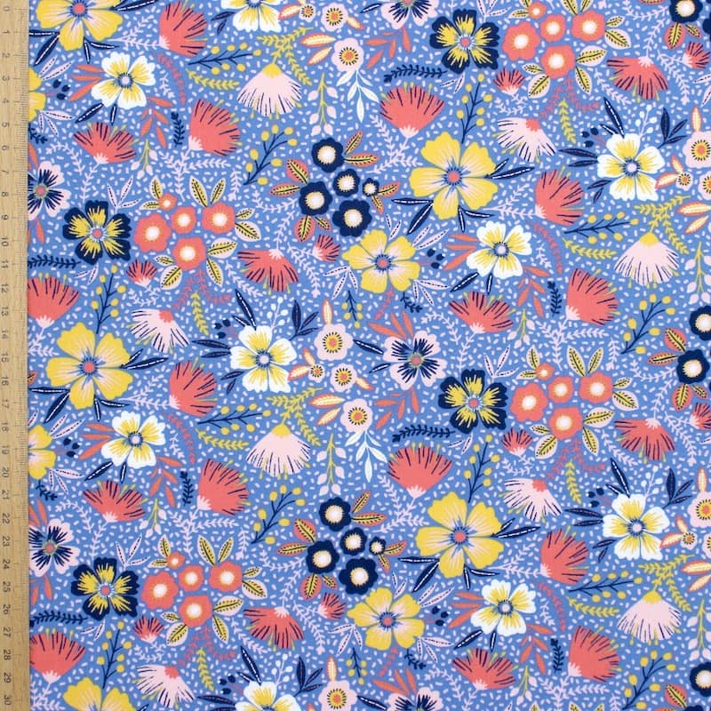 Cotton poplin with flowers - blue / pink