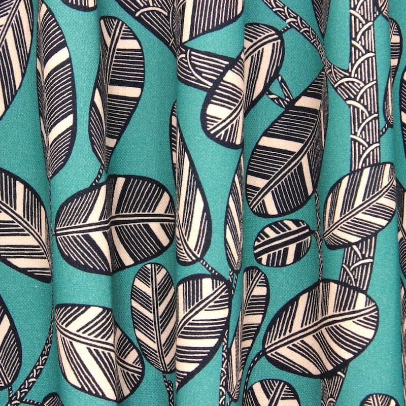 Cotton fabric with foliage print - teal
