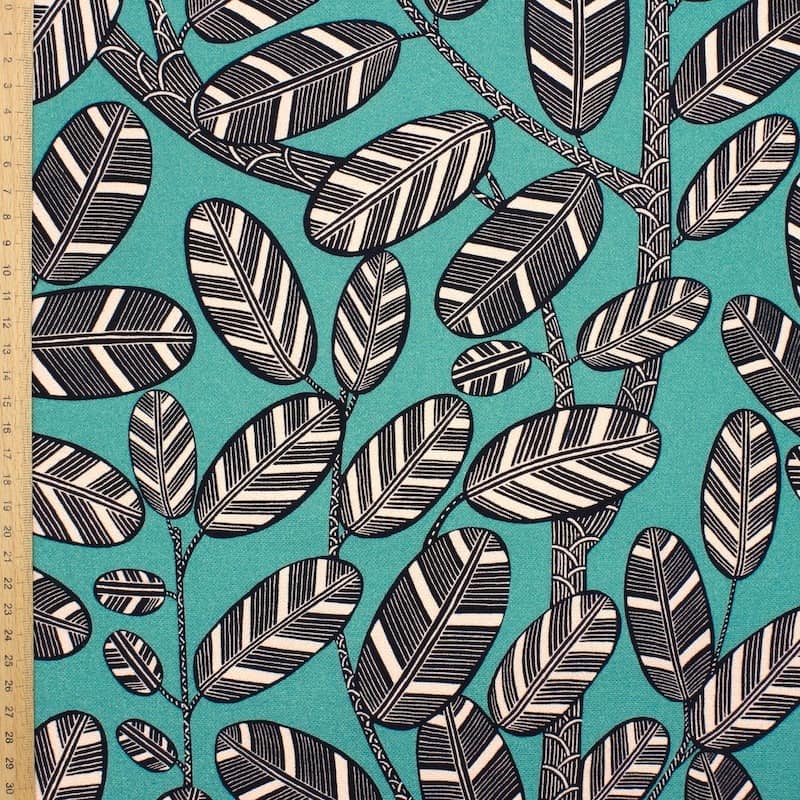 Cotton fabric with foliage print - teal