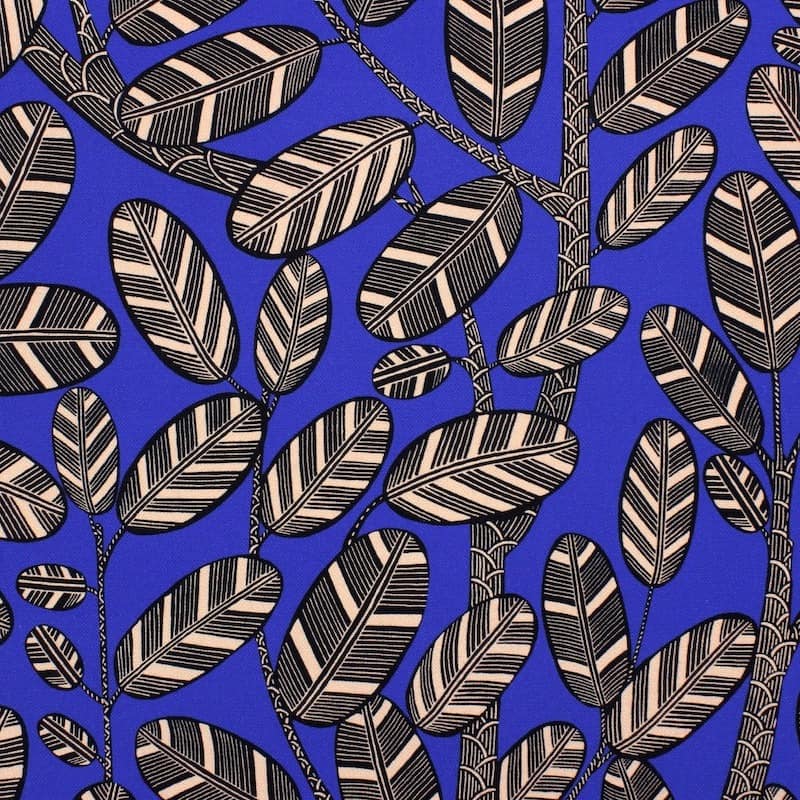 Cotton fabric with foliage print - sapphire blue