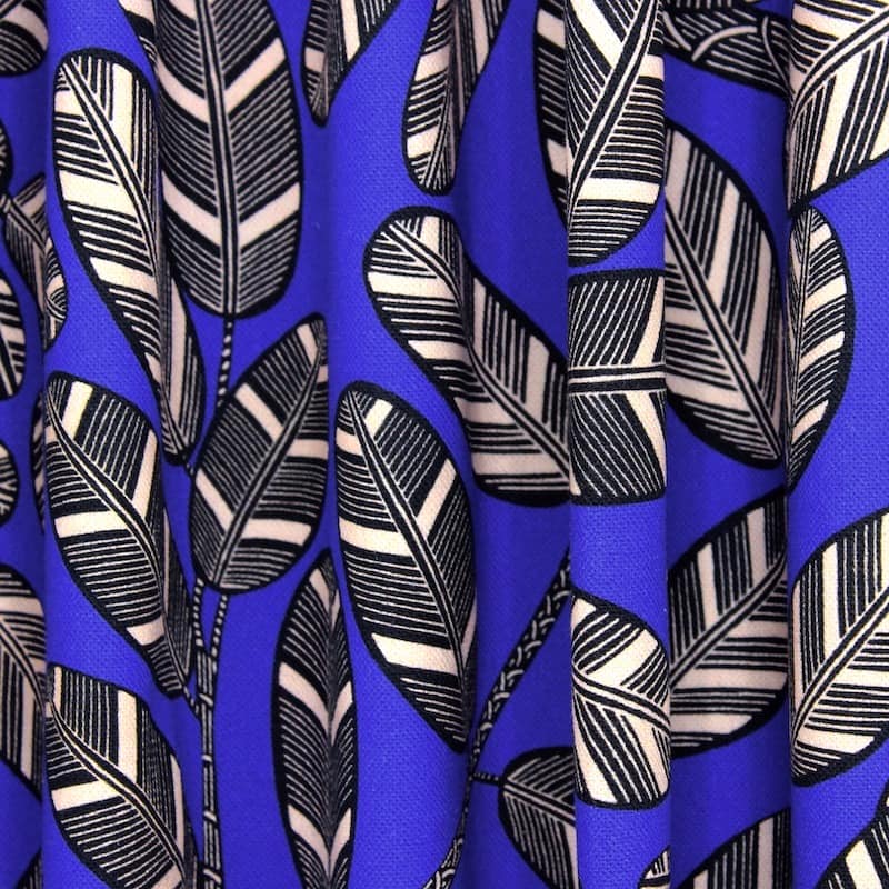 Cotton fabric with foliage print - sapphire blue