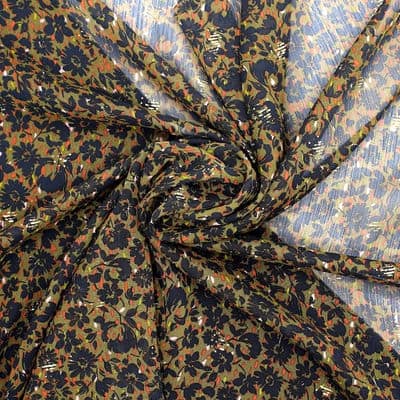Veil fabric with crêpe aspect and flowers - khaki