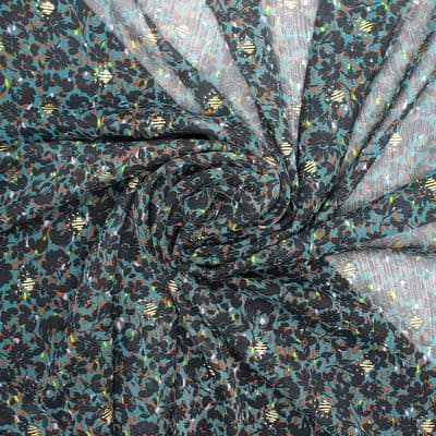 Veil fabric with crêpe aspect and flowers - petroleum