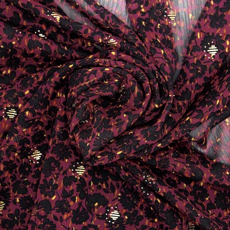 Veil fabric with crêpe aspect and flowers - wine red