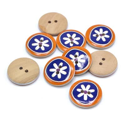 Decorated coco button - blue / camel