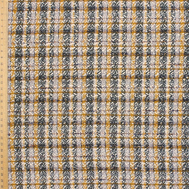 Tissu aspect laine carreaux - kaki/moutarde