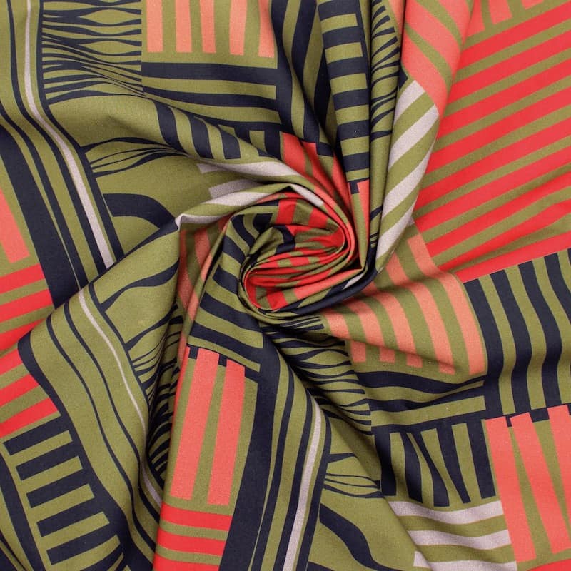 Cotton poplin fabric with ethnic prints - khaki