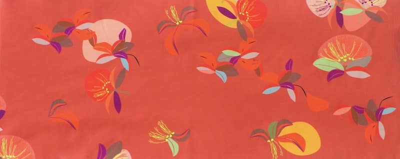 Cotton satin fabric with flowers - red
