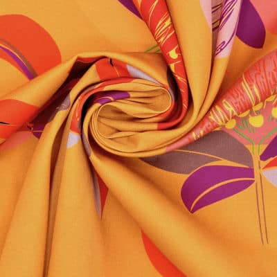 Cotton satin fabric with flowers - orange