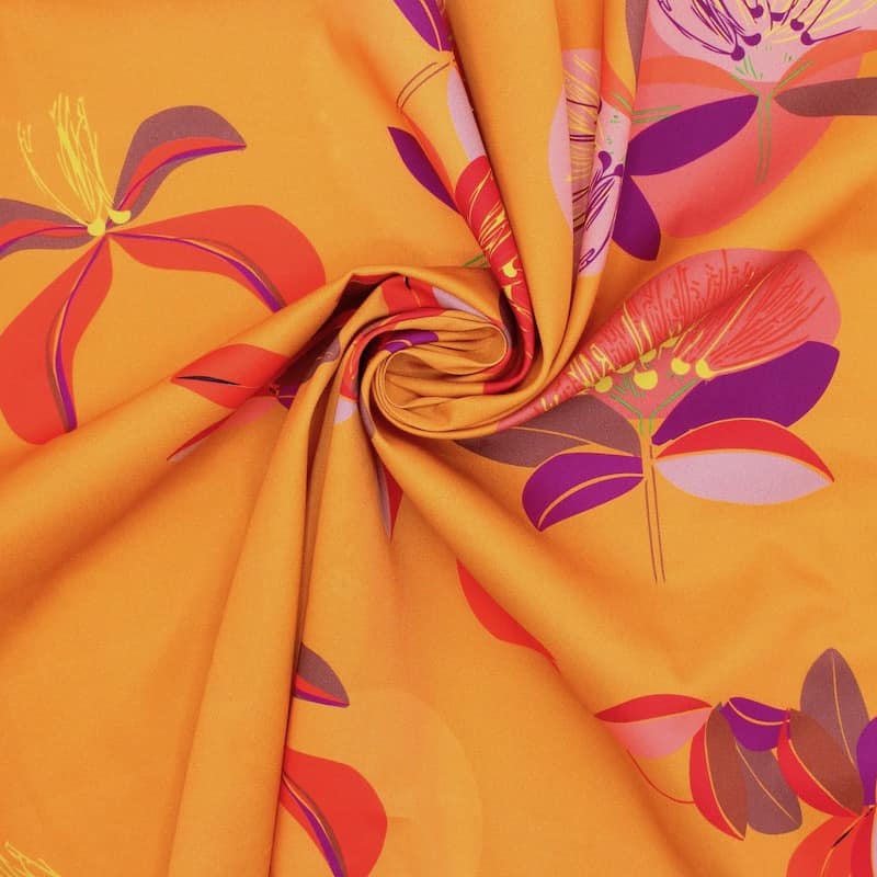 Cotton satin fabric with flowers - orange