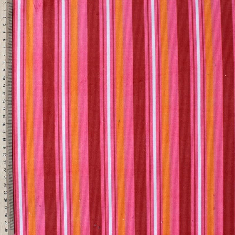 Tissu velours en coton et élasthanne à lignes rose et orange